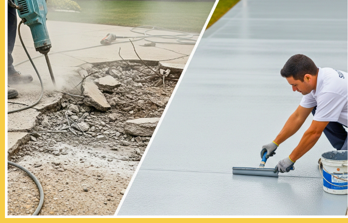 This conceptual image contrasts the messy, expensive option of demolition with the clean, smart solution of resurfacing.