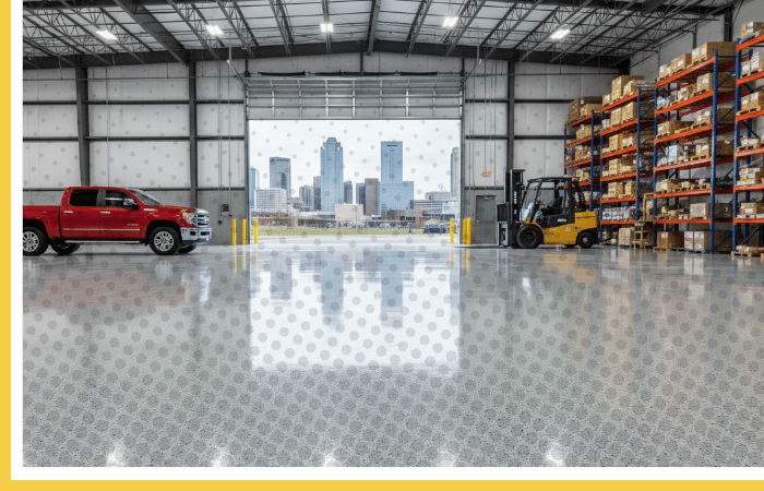Reflective, high-gloss Polyurea industrial floor coating with city skyline view | Durable warehouse flooring