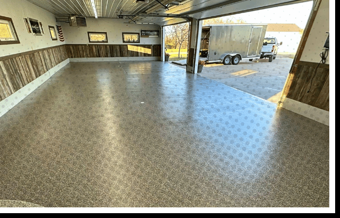 High-gloss grey flake Polyurea garage floor coating | Commercial-grade durable workshop flooring