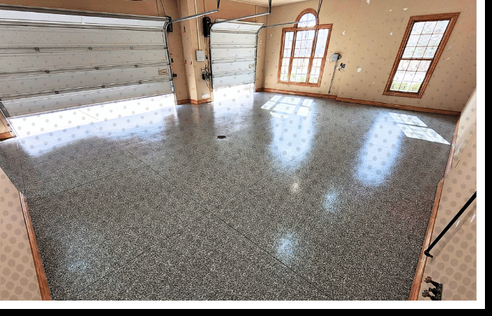 High-gloss grey flake Polyurea floor coating for residential garages | Seamless, easy-to-clean home garage system