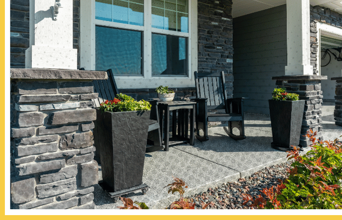 Patterned grey Polyurea coating on front porch and walkway | Weather-resistant exterior concrete coating