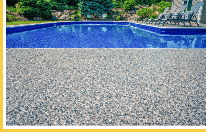 Cool-touch, UV-stable Polyurea flake coating on pool deck | Safe, non-slip concrete coating for swimming pool surrounds