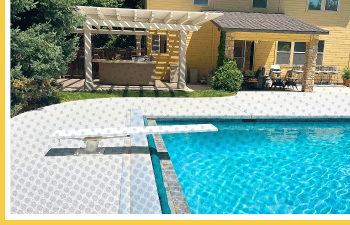 UV-resistant Polyurea coating on pool deck and patio with diving board | Non-slip residential pool surround flooring