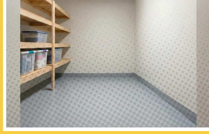 A clean, finished concrete storm shelter or basement storage area with a smooth grey floor coating and wooden shelves.
