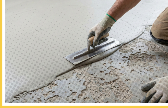 A concrete contractor applying a concrete overlay to restore a damaged and pitted garage floor.