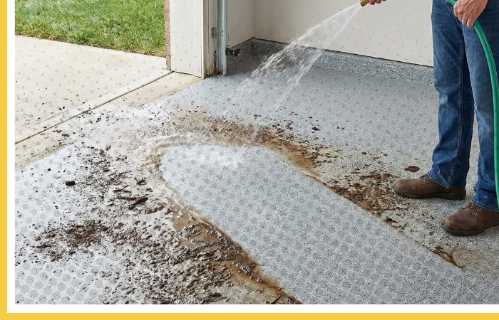 A person easily hosing off mud and dirt from a seamless polyurea garage floor.