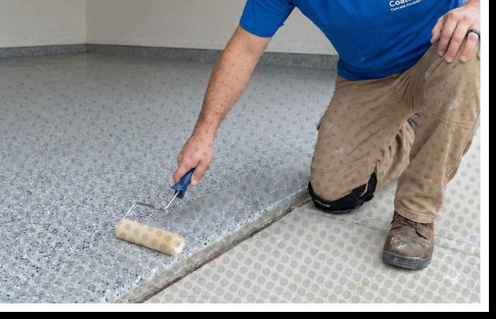 A professional concrete contractor from BAM Coatings applying the final topcoat to a garage floor.