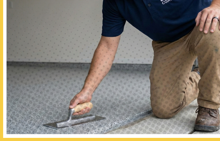 A professional concrete contractor from BAM Coatings using a hand trowel to finish a polyurea garage floor edge.