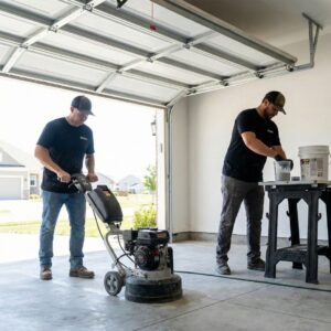 A two-person crew from BAM Coatings working efficiently to install a concrete overlay coating in a garage, showcasing their one-day process.