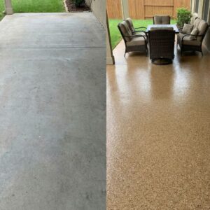 A before-and-after split image of a patio floor, showing a plain concrete surface transformed into a beautiful, coated space.