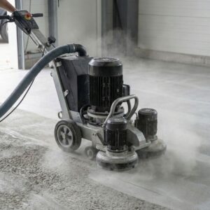 Industrial diamond grinding machine preparing concrete surface for coating.