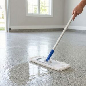 Mop cleaning a seamless decorative concrete floor coating easily.