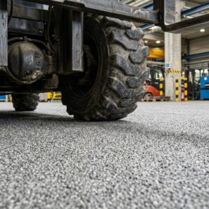 Close-up of forklift tires on a heavy-duty textured industrial concrete floor coating.