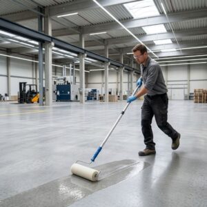 A professional contractor applying a rapid-cure topcoat to an industrial floor.