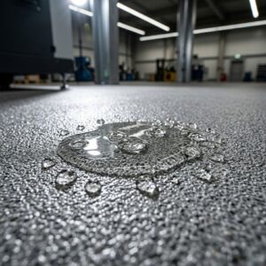 Liquid beading on a chemically resistant Polyurea industrial floor, showing its non-porous surface.