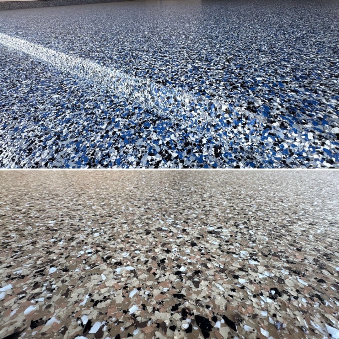 Close-up detail of a durable decorative flake concrete coating showing the multi-colored chip texture.