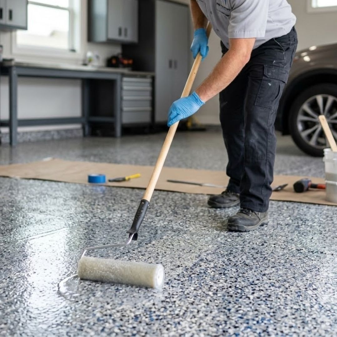 A professional concrete contractor applying a high-performance topcoat to a garage floor.