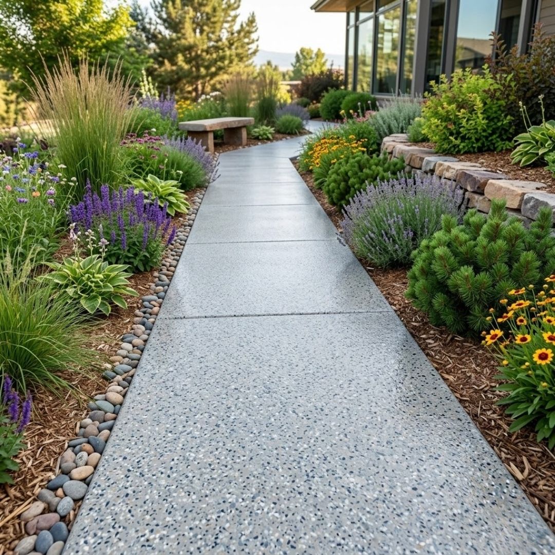 A durable decorative concrete walkway winding through a professional landscape design.