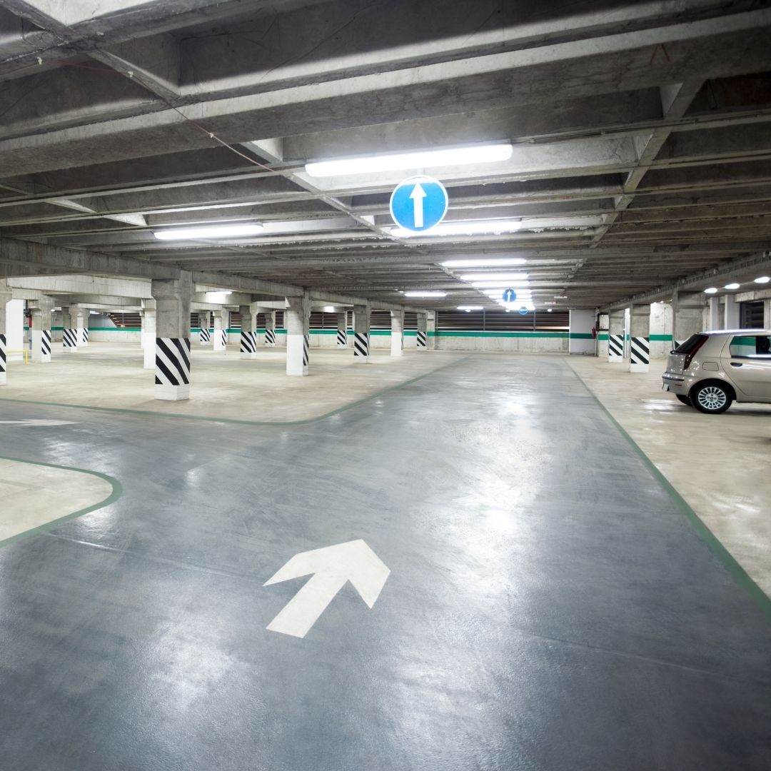 a parking garage with a coated floor