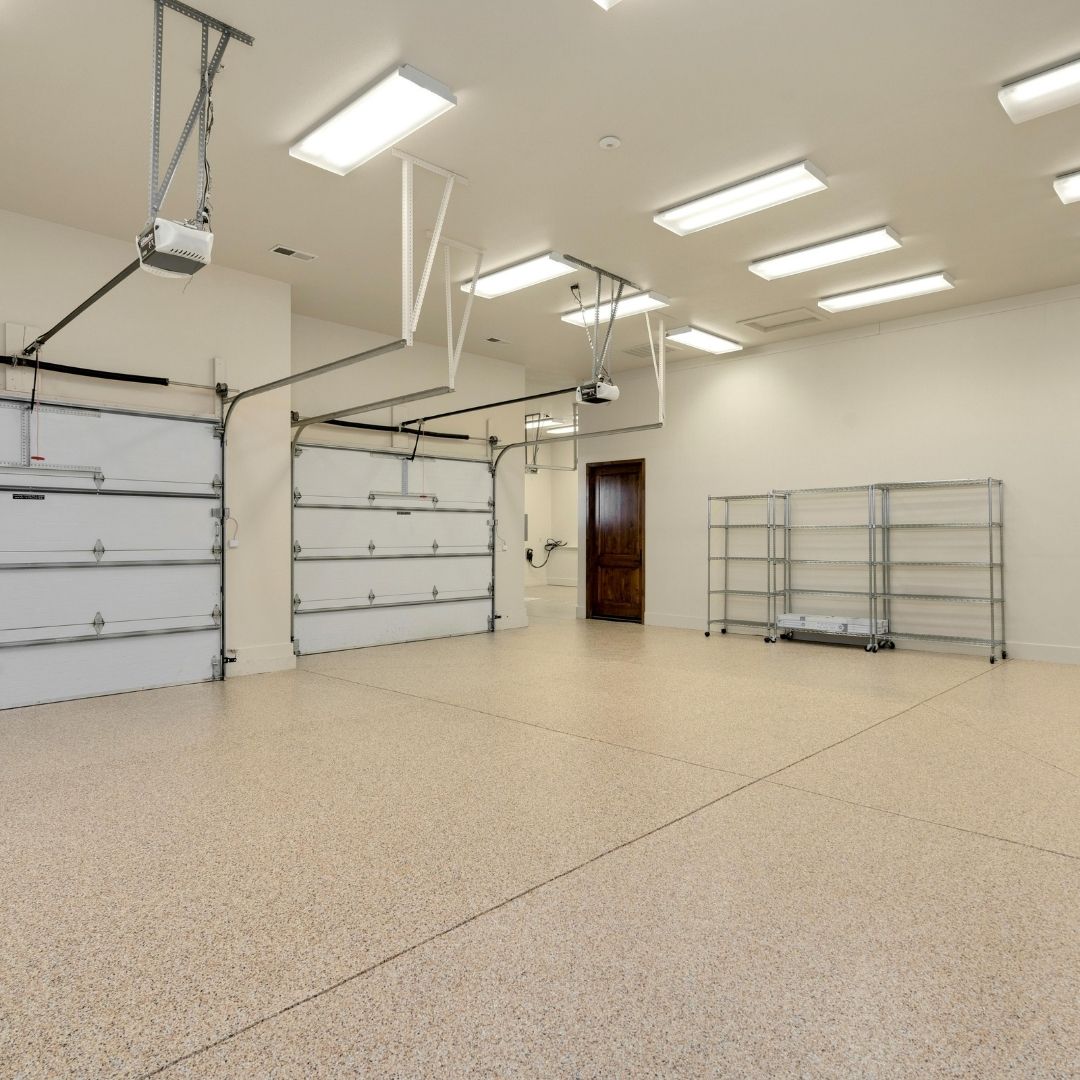 a garage with coated floors