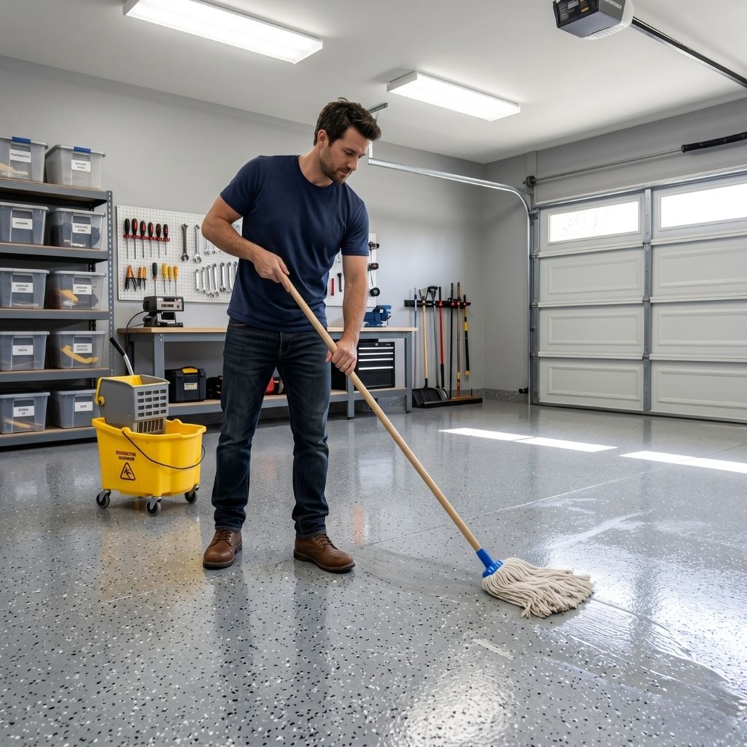 a man mopping his garage floor