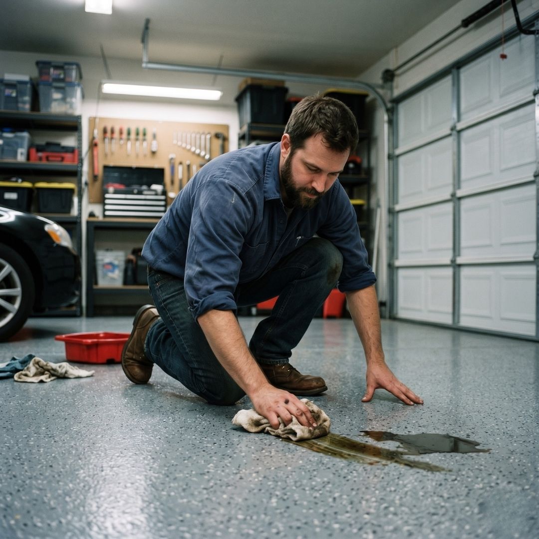 a man cleaning up oil in his garage
