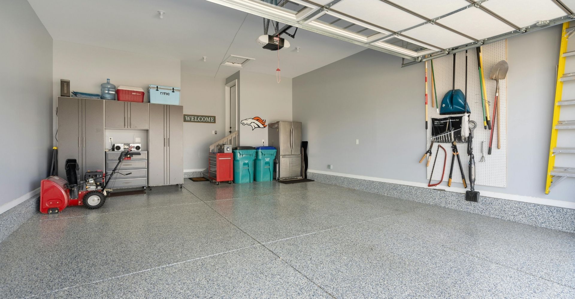 a garage with a coated floor