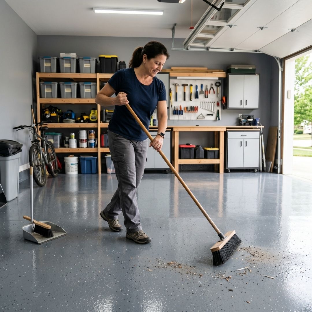 a woman sweeping her garage