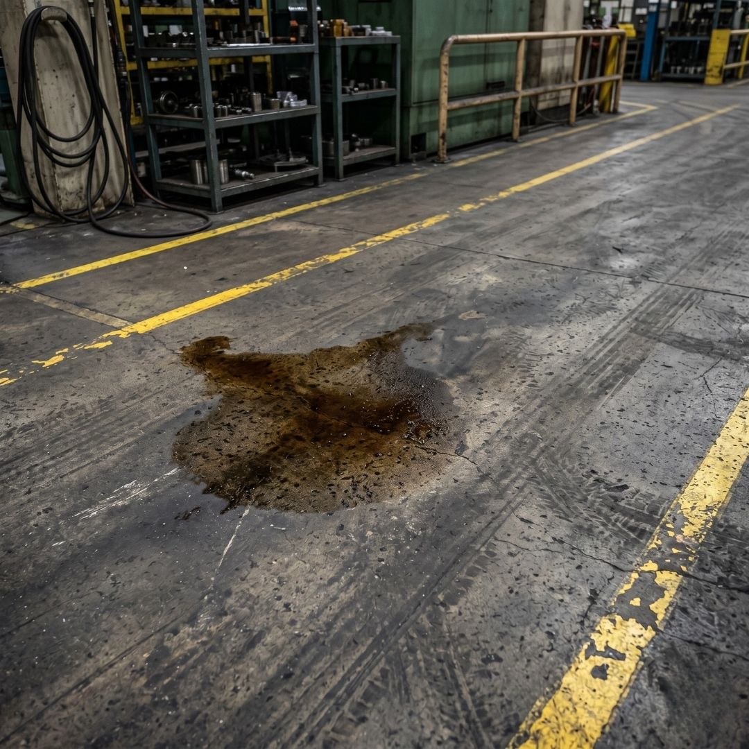 a factory floor with a dark stain