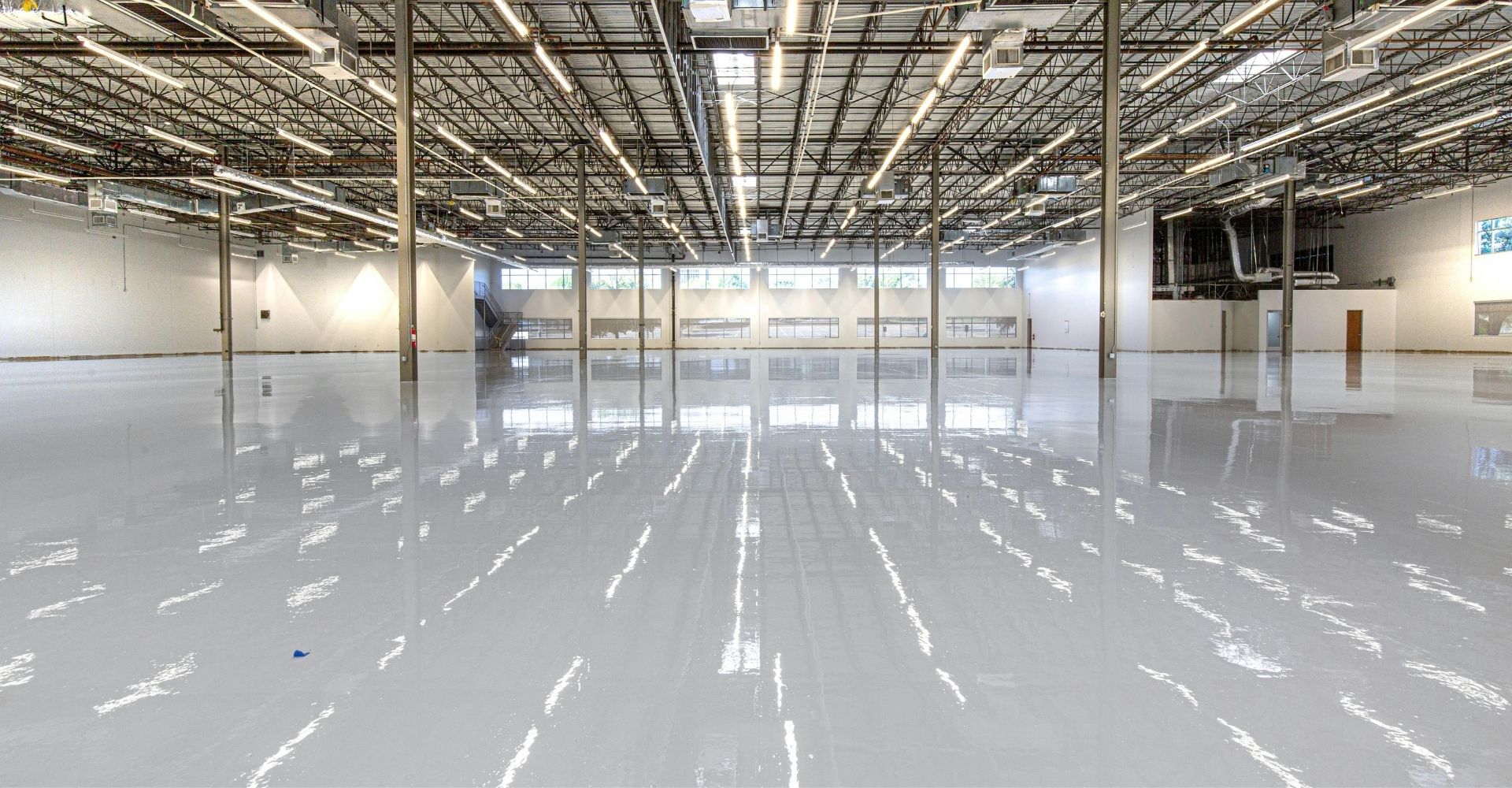 a warehouse with a concrete floor